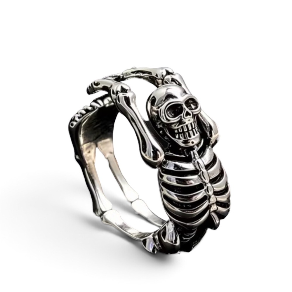 Unisex Skeleton Wrap Gothic Ring - New - Adjustable - Silver Metal Alloy